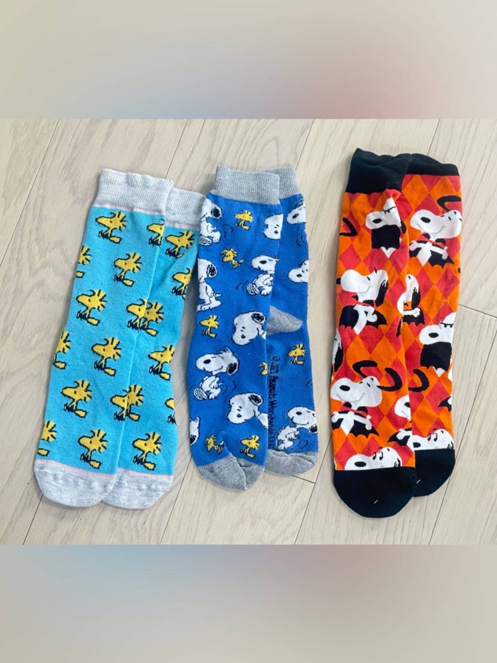 Peanuts Character Crew Socks - Blue, Light Blue, Orange - Pack of 3
